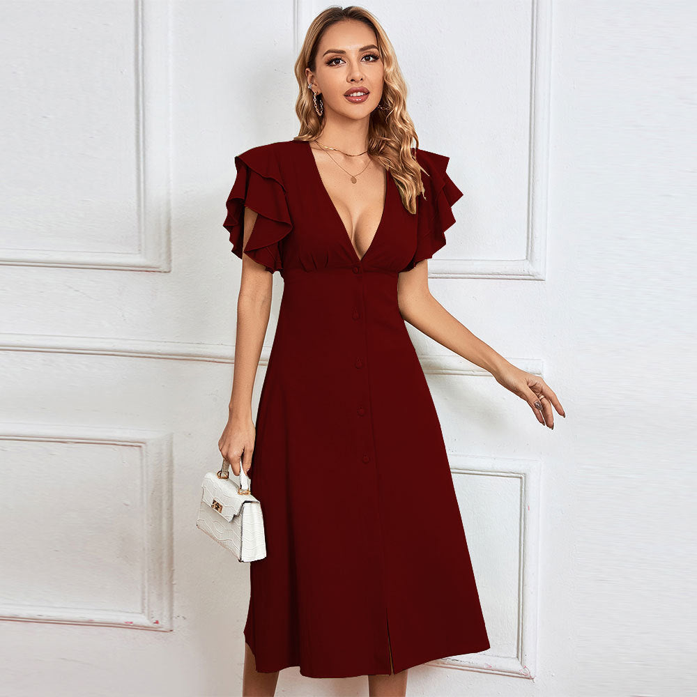 Robe midi élégante pour femmes avec détails en volants et patte de boutonnage Chic & Stil