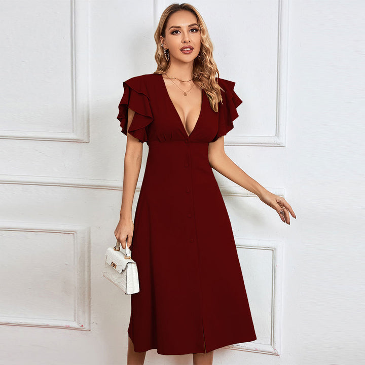 Robe midi élégante pour femmes avec détails en volants et patte de boutonnage Chic & Stil