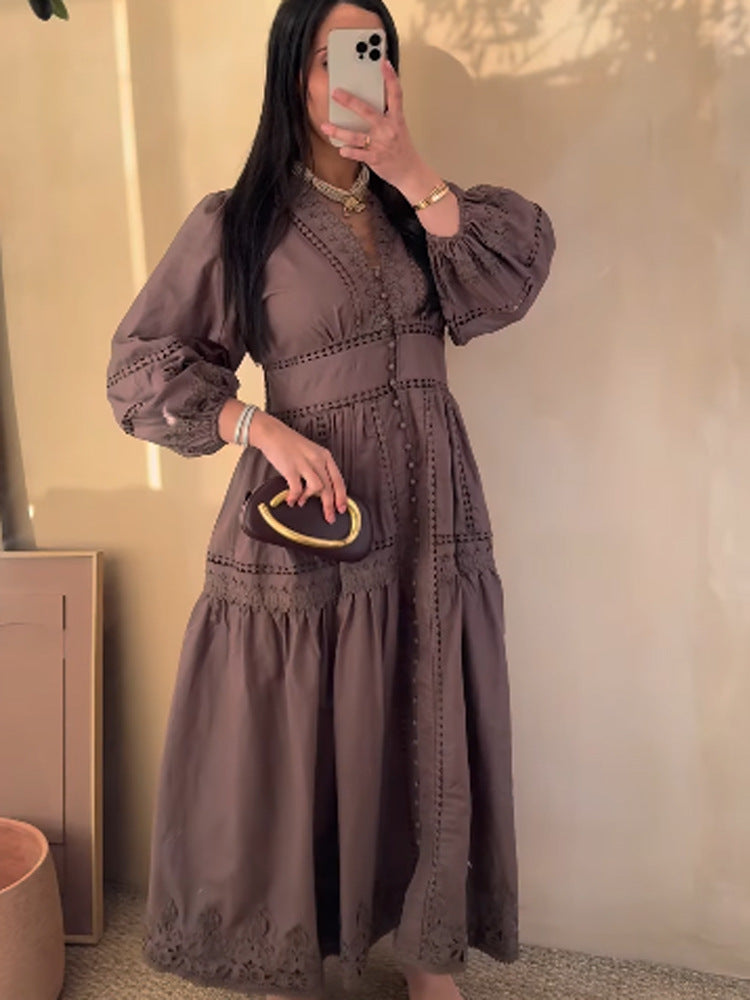 Women's maxi dress in boho style with lace inserts, button placket, and balloon sleeves Amarae