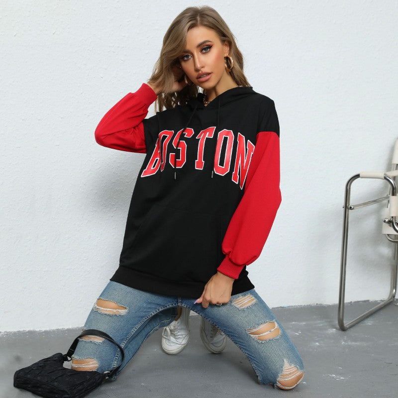 Trendy hoodie for women with casual text design and chic hood