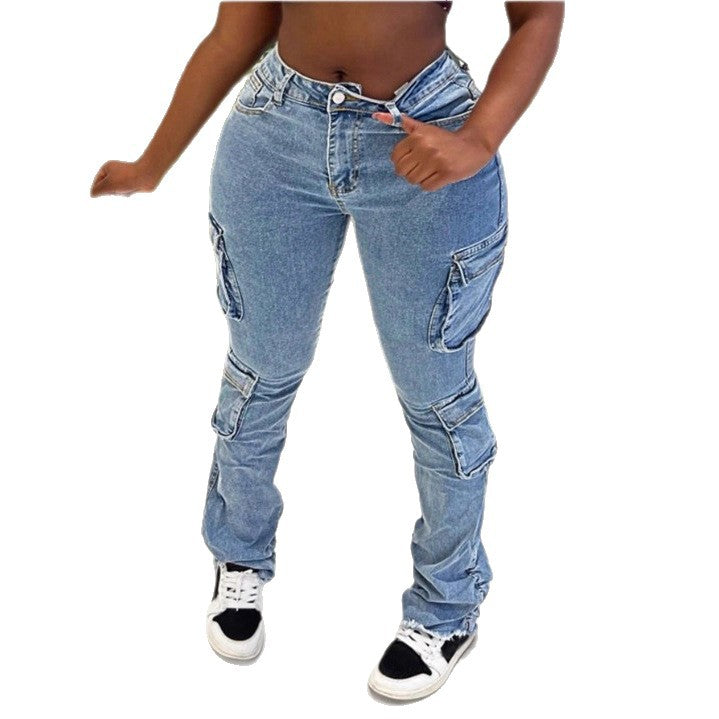 Women High-Cut Cargo Jeans with Multiple Flap Pockets and Frayed Hem Amarae