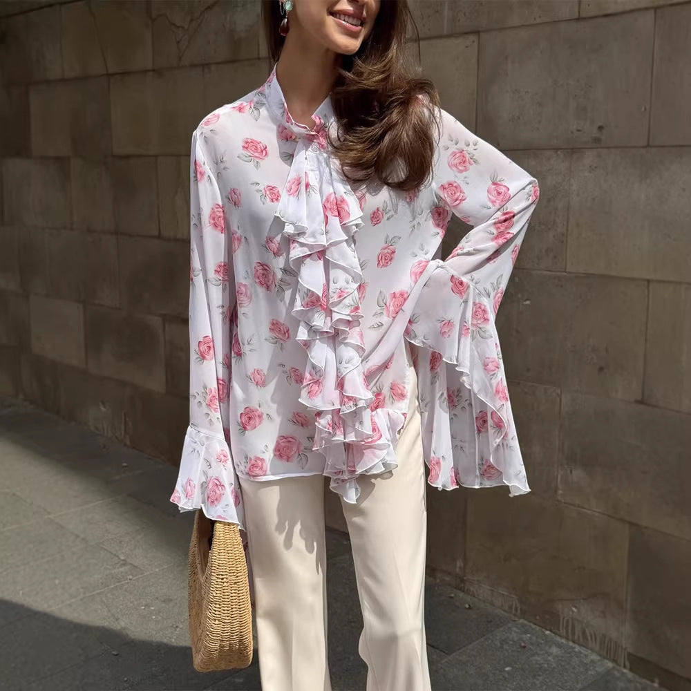 Women's chiffon blouse with rose print, ruffles and bell sleeves Amarae
