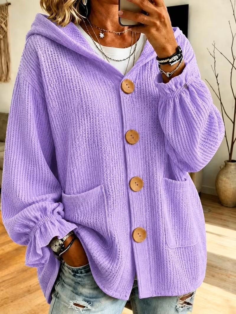 Women's Oversized Hooded Cardigan with Waffle Texture and Wooden Buttons Amarae