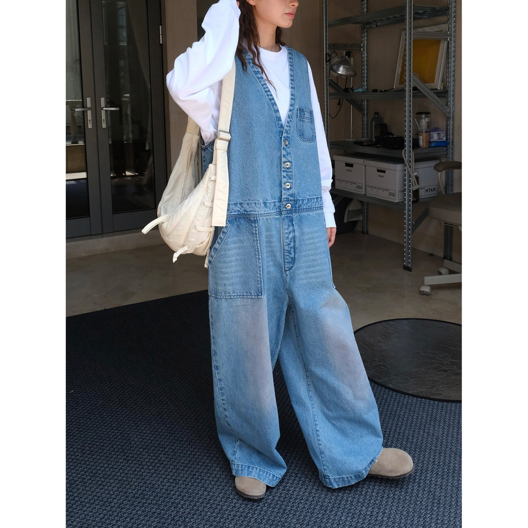 Women's Loose Denim Overalls in Baggy Style with Deep V-Neck and Button Placket Amarae