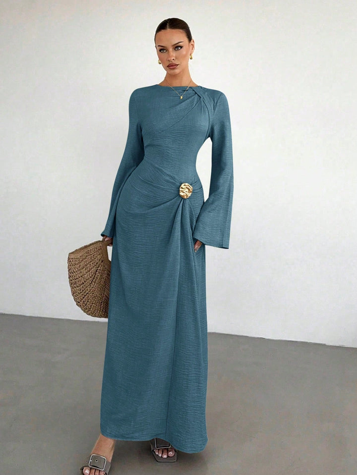 Ladies max dress with draping, decorative brooch and wide trumpet sleeves Amarae