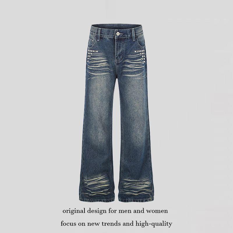 Women Wide High-Waist Distressed Jeans in Palazzo Style with Studded Detailing Amarae