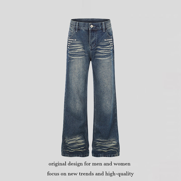 Women Wide High-Waist Distressed Jeans in Palazzo Style with Studded Detailing Amarae