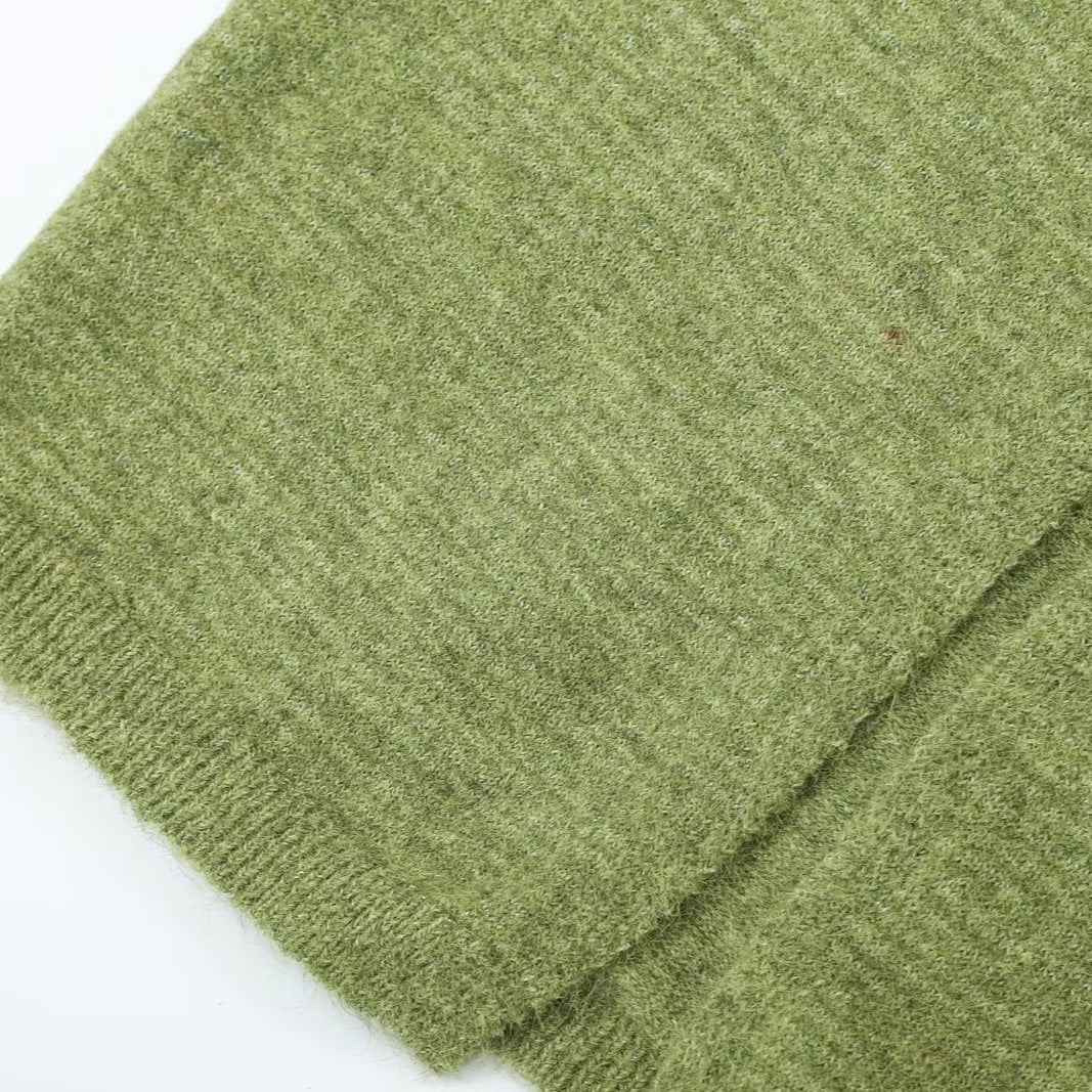 Women's Oversized Knit Cardigan with Balloon Sleeves and Striped Trim Button Placket Amarae