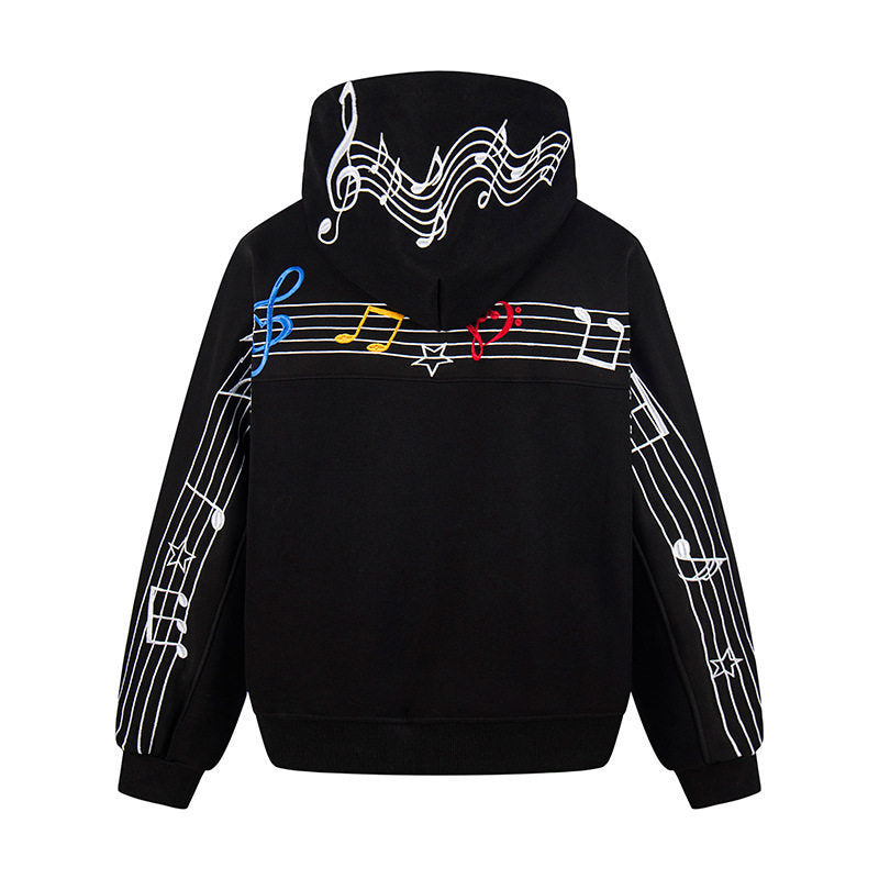 Women's Oversized Hoodie with Musical Notes Embroidery and Ribbed Hem Amarae
