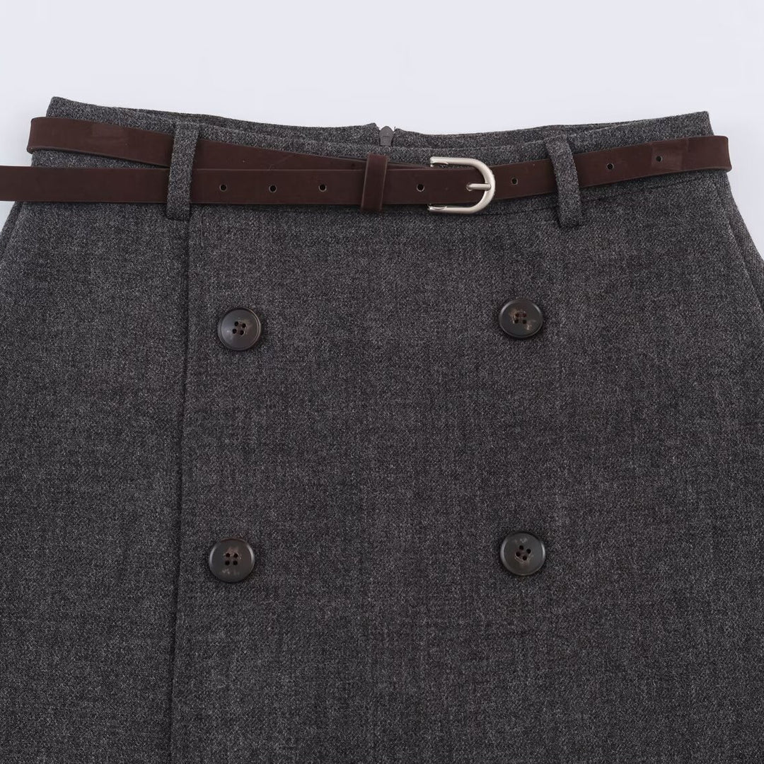 Women's midi skirt in A-line cut with double-breasted button placket and waist belt Amarae