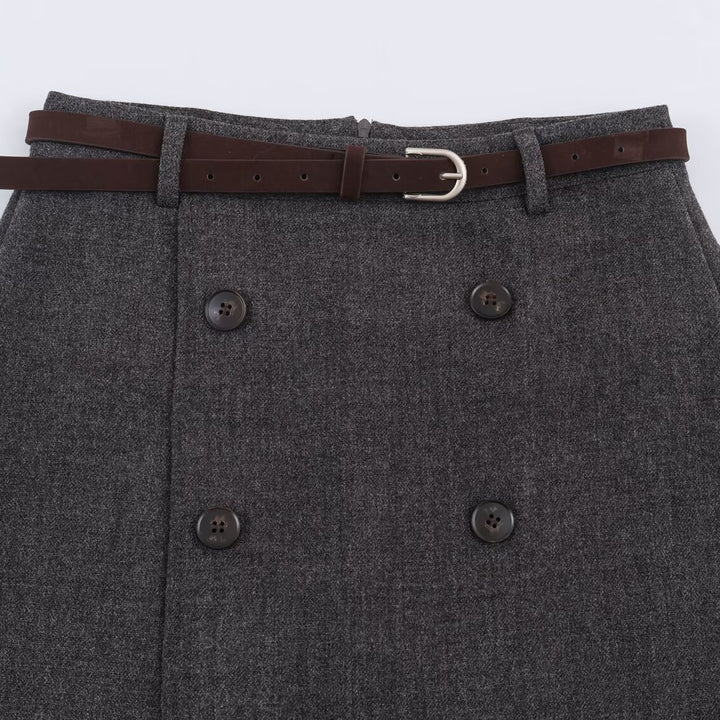 Women's midi skirt in A-line cut with double-breasted button placket and waist belt Amarae