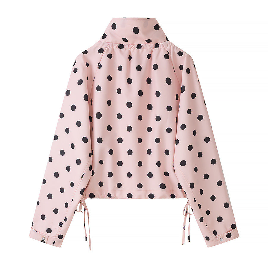 Women's Lightweight Polka Dot Wind Jacket with Stand-Up Collar and Drawstring Amarae