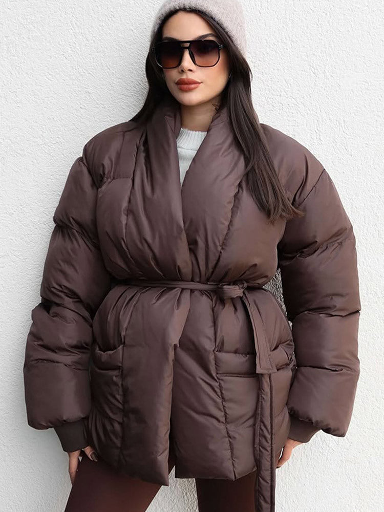 Women's Quilted Tailored Quilted Jacket with Shawl Collar and Tie Belt Amarae