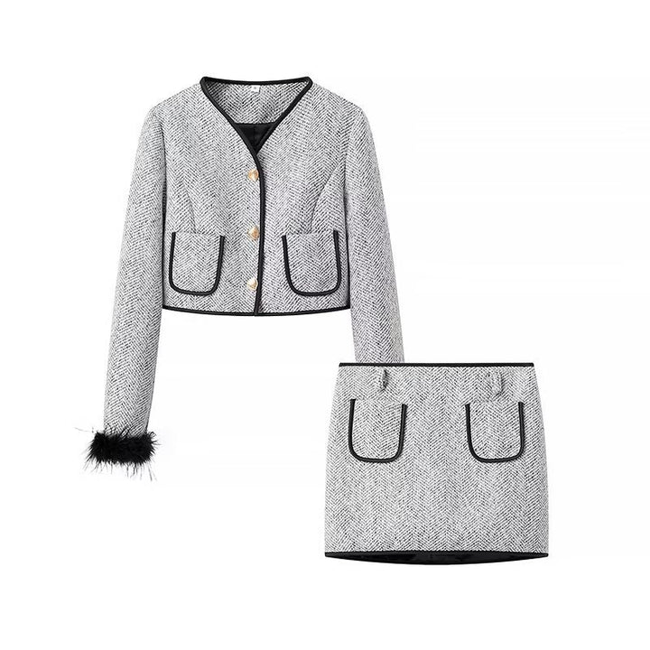 Ladies Elegant Bouclé-Tweed Two-Piece with Tailored Short Blazer, Mini Skirt, Piping Details and Feathery Cuffs Amarae