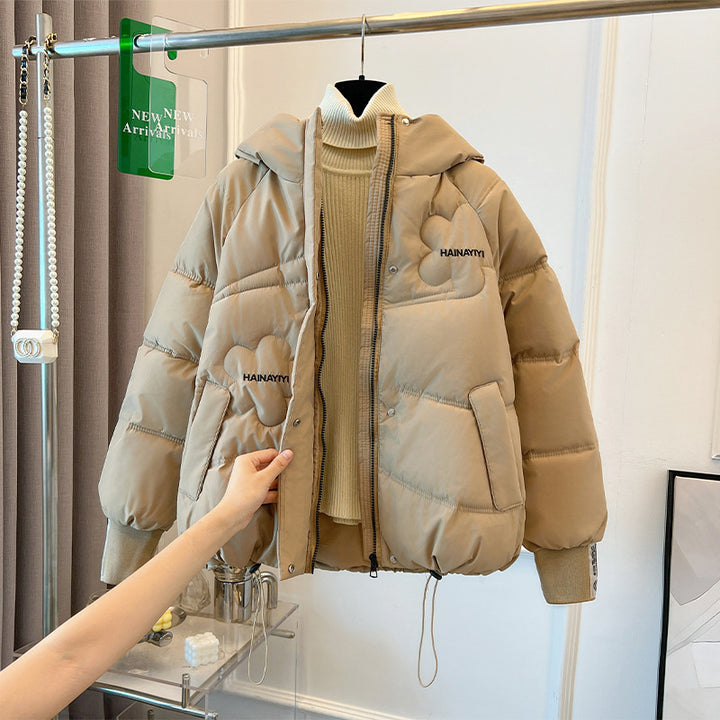 Trendy short down jacket for women with hood and practical pockets Amarae