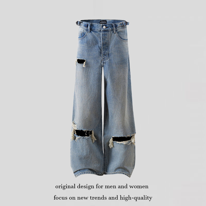 Women Wide Distressed Denim Palazzo Jeans with High Waist and Rip Details Amarae