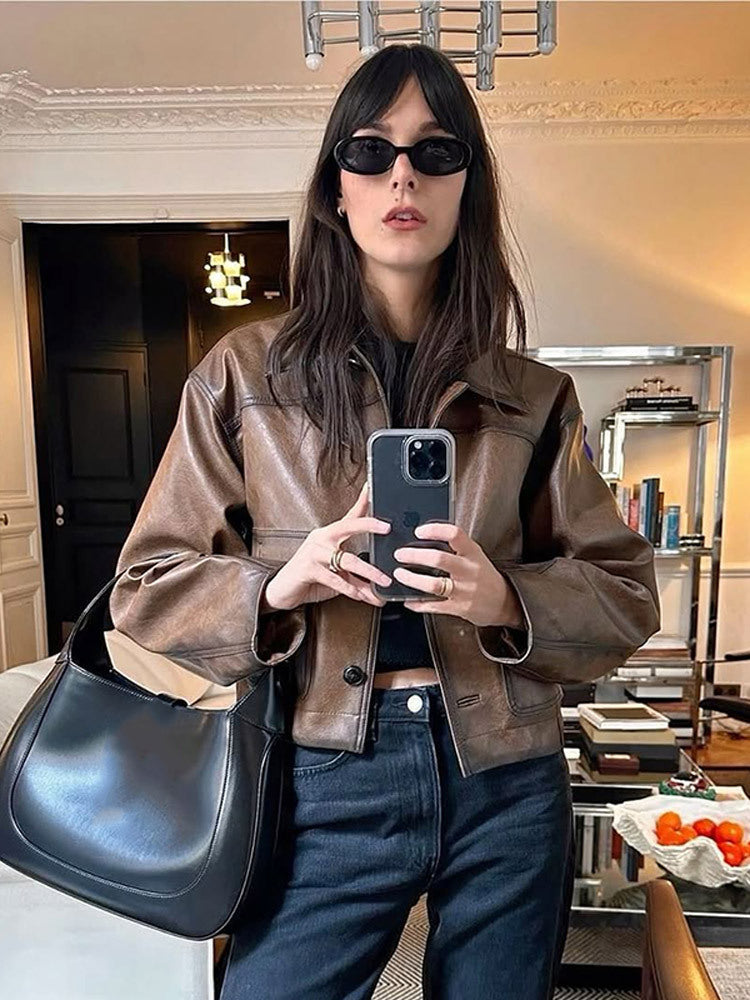 Women's cropped boxy jacket made of vegan leather with shirt collar Amarae