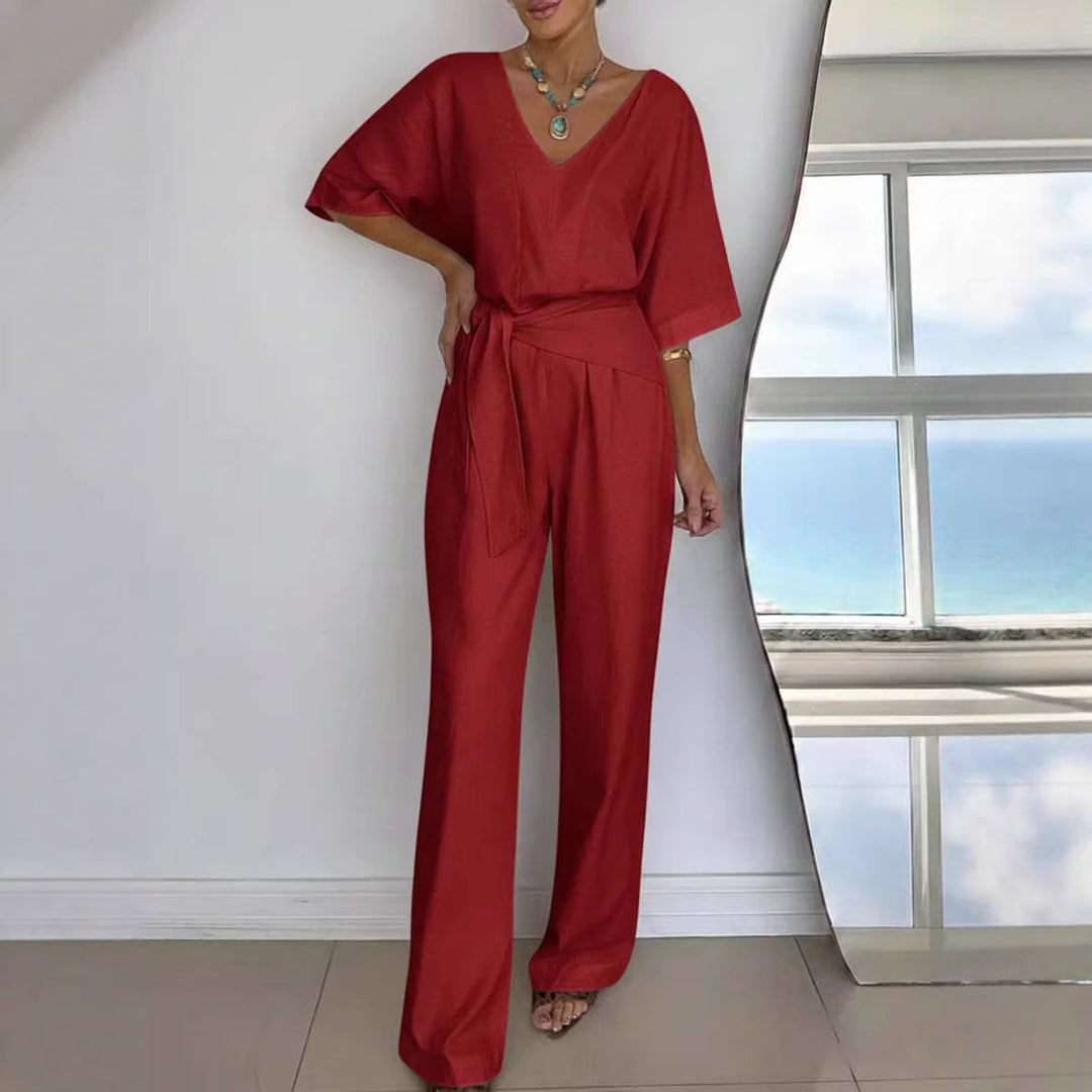 Women Elegant Jumpsuit with Tailored Cut and Wrap Belt Chic & Stil