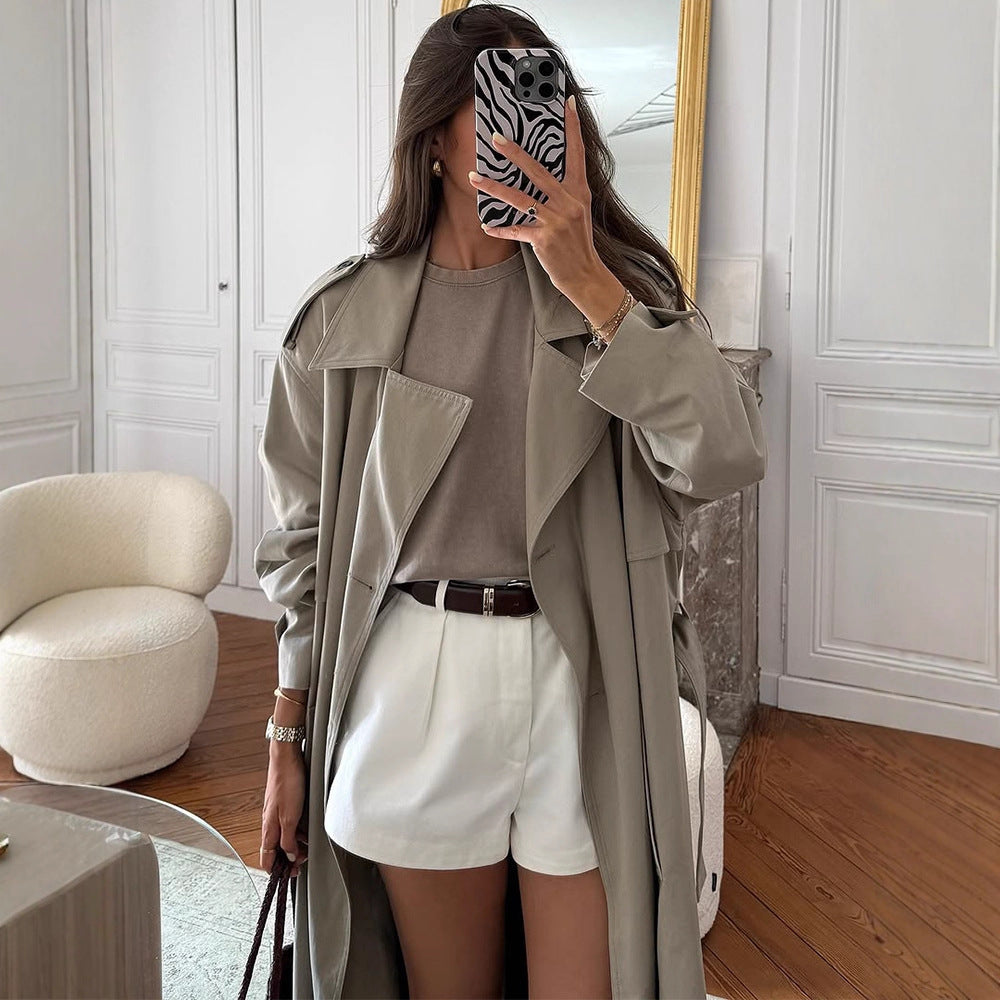 Women Oversize Trench Coat made of lightweight Gabardine with shoulder flaps and waterfall collar Amarae