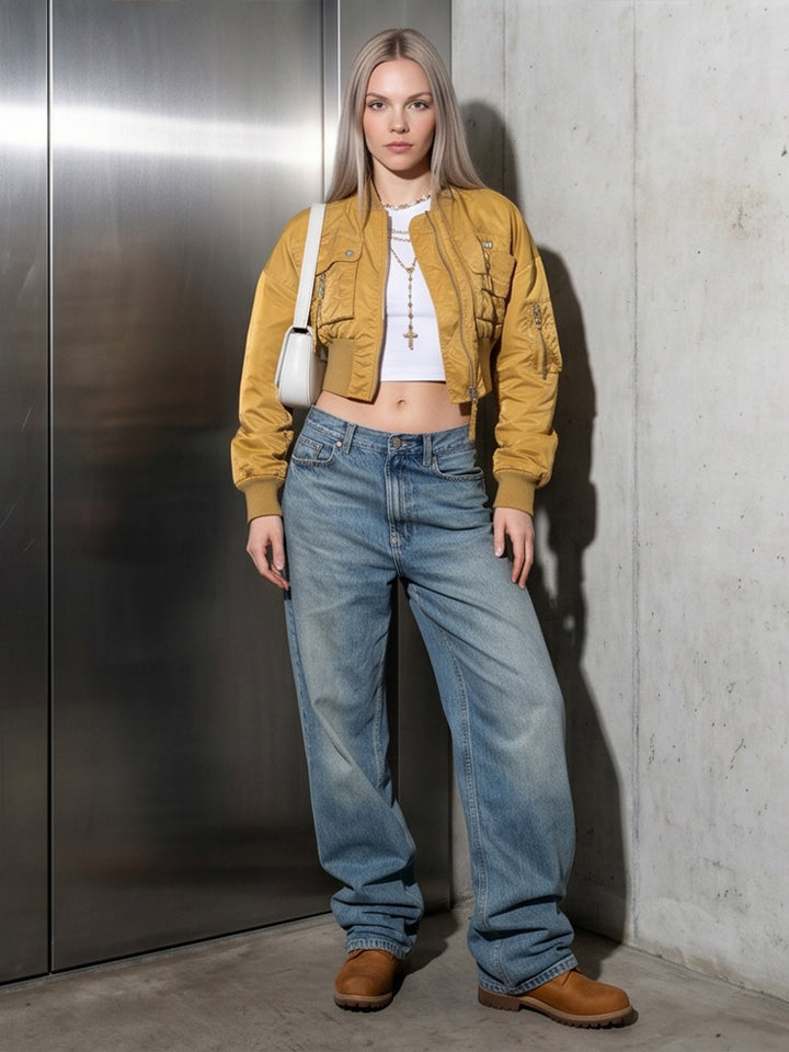 Women’s Short-Cut Utility Bomber Jacket with Practical Pockets and Ribbed Cuffs Amarae
