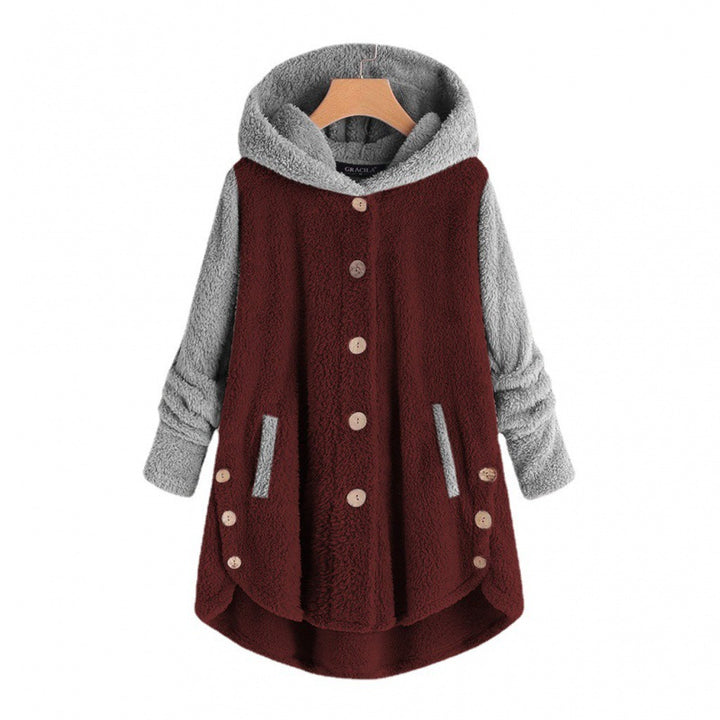 Women's Oversized Teddy Coat with Hood, Asymmetrical Zigzag Hem and Wooden Button Placket Amarae