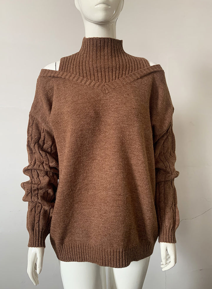 Damen Schulterfreier Oversize-Strickpullover mit Stehkragen Drune