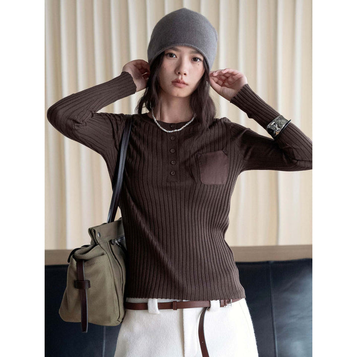 Ladies Ribbed Fine Knit Henley Shirt with Chest Pocket Amarae