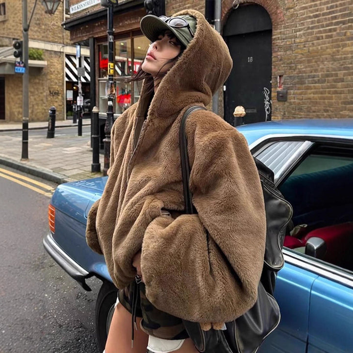 Women's Short Teddy Faux Fur Bomber Jacket with Hood, Wide Ribbed Hem and Two-Way Zipper Amarae