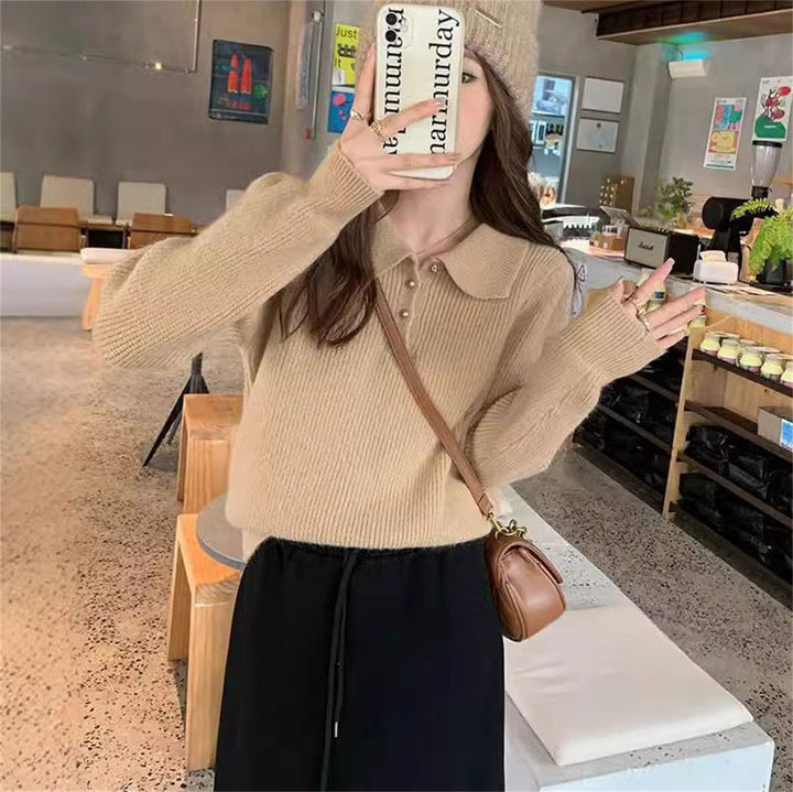 Pull élégant à col polo pour femmes en drap tricot doux