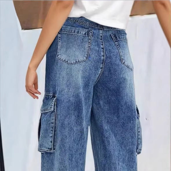 Women's high-waisted wide cargo denim pants in palazzo style with patch side pockets Amarae