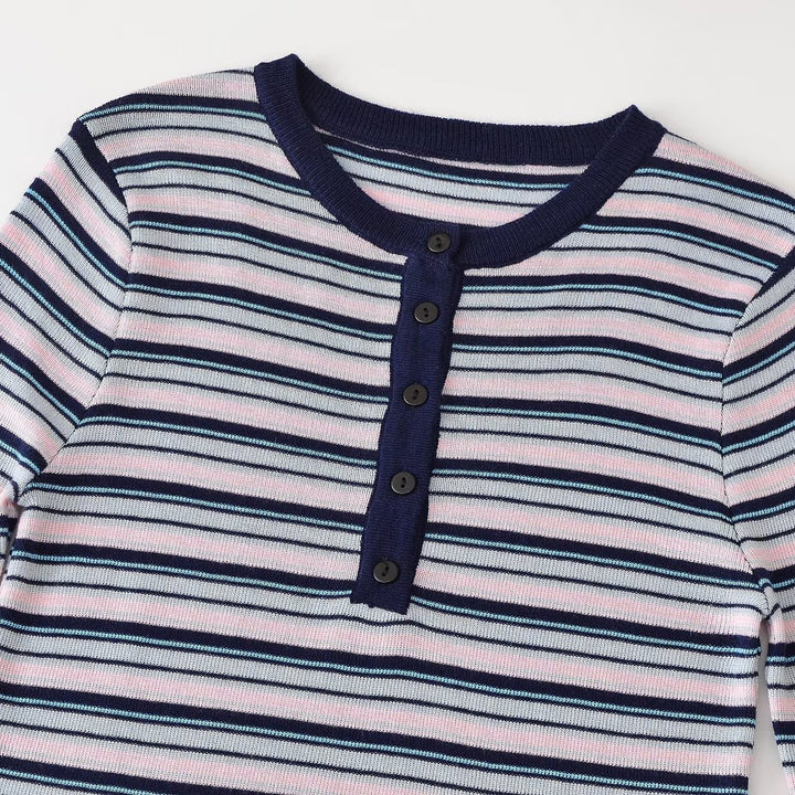 Women's fine knit Henley shirt with fine stripe structure and button placket Amarae