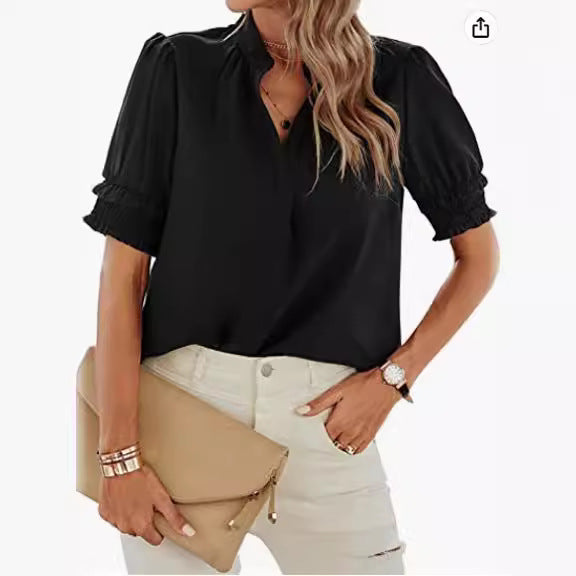 Short-sleeved blouse for women with gathered sleeves and a high collar Lune London