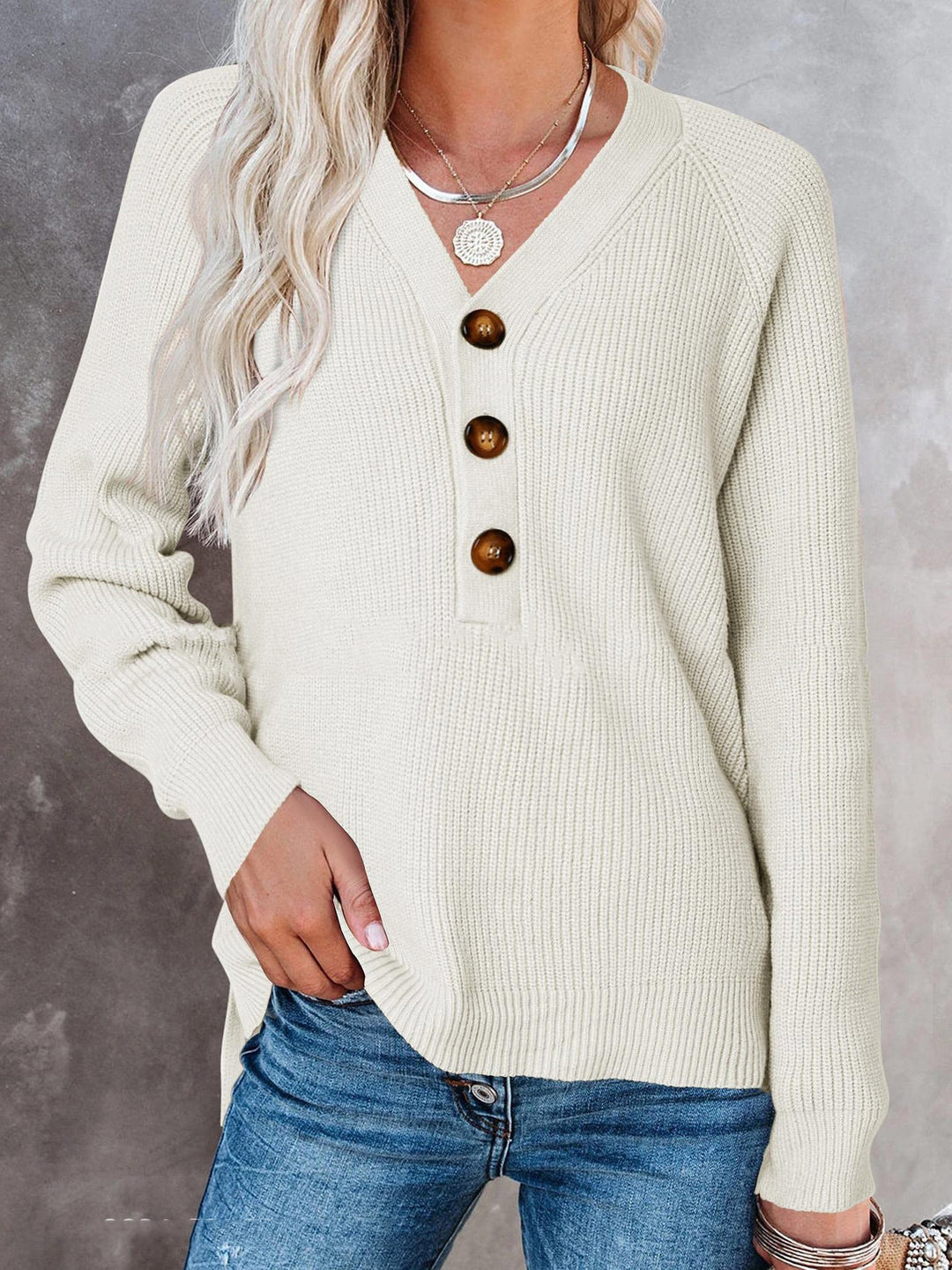 Knitted sweater for women with V-neck and button details Lune London