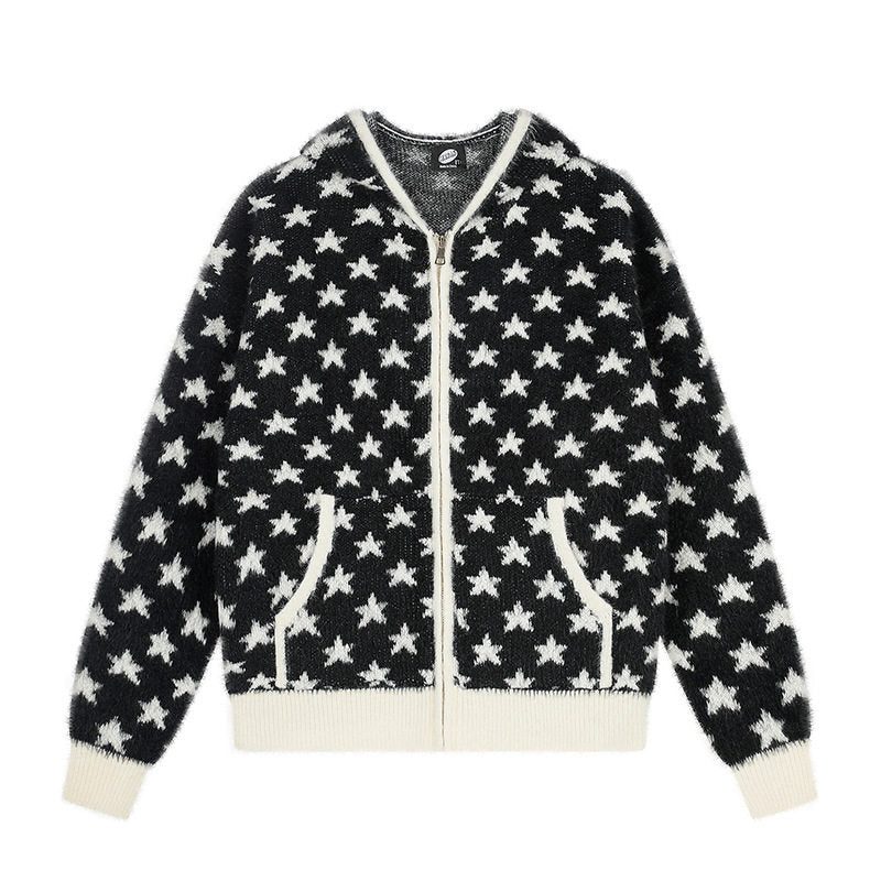 Women Fluffy Knit Zip Jacket with Allover Star Pattern, Kangaroo Pockets and Ribbed Cuffs Amarae