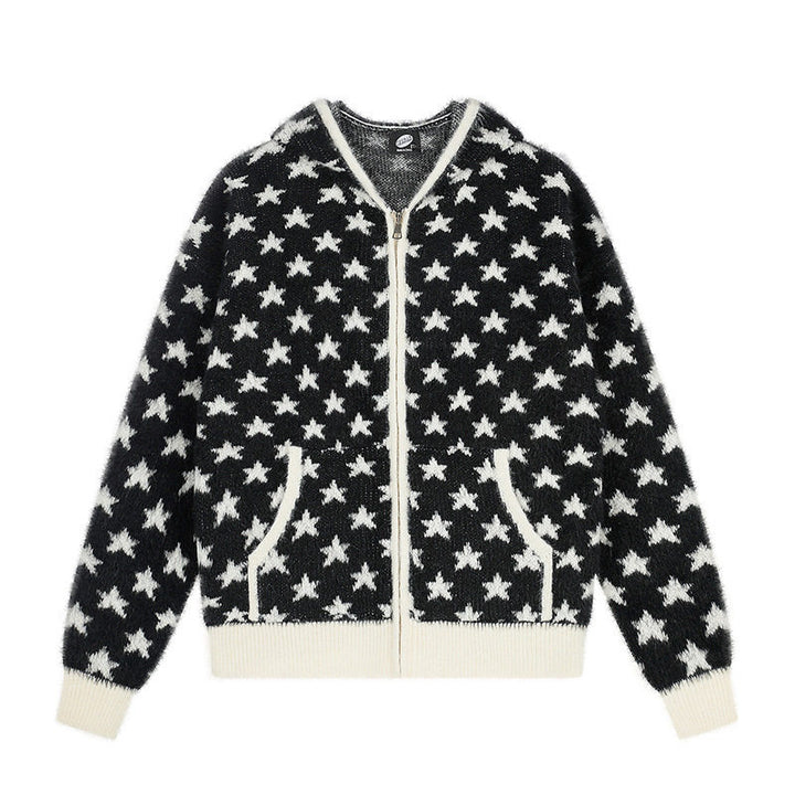 Women Fluffy Knit Zip Jacket with Allover Star Pattern, Kangaroo Pockets and Ribbed Cuffs Amarae