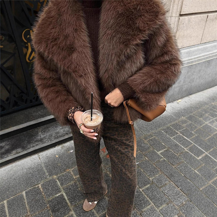Women Short Voluminous Faux Fur Jacket in Boxy Cut with Large Shawl Collar Amarae