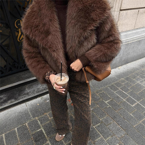 Women Short Voluminous Faux Fur Jacket in Boxy Cut with Large Shawl Collar Amarae