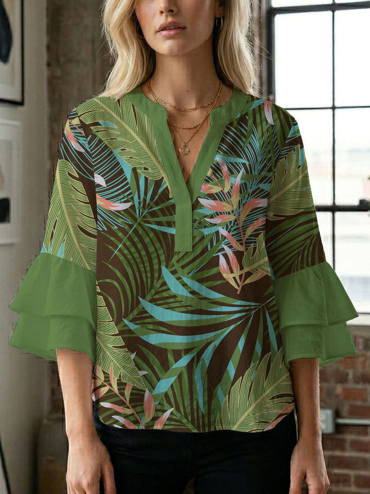 Women's blouse with voluminous wing sleeves and intense leaf pattern Lune London