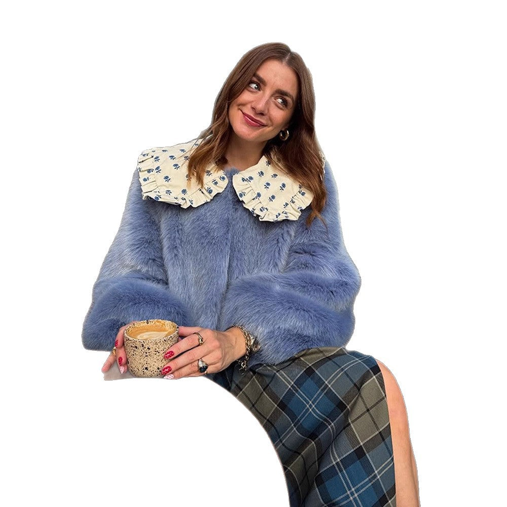 Women's Short Faux Fur Jacket with Distinctive Crochet Collar Amarae