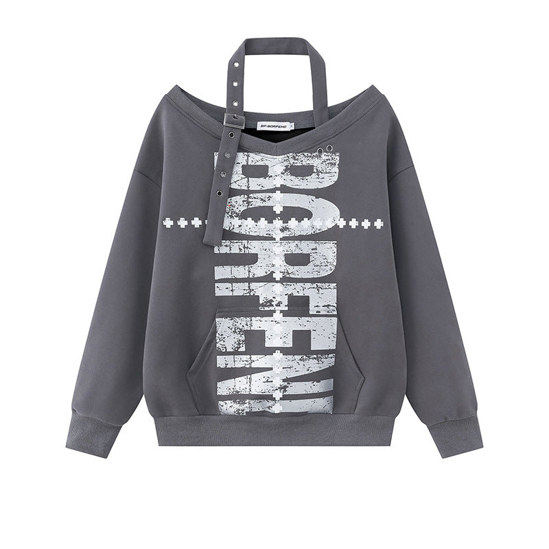 Women's oversized sweatshirt with asymmetrical strap, kangaroo pocket and large lettering Amarae