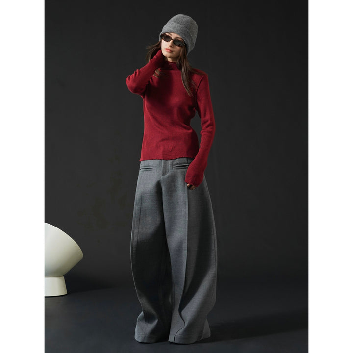 Women Fitted Ribbed Long Sleeve with Short Stand-Up Collar and Fine Wave Edge
