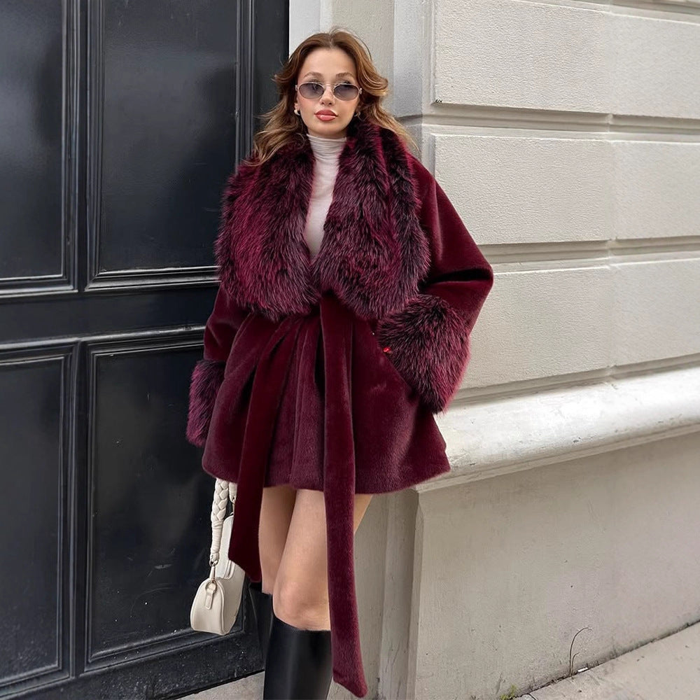 Women's Short Faux Fur Coat with Voluminous Shawl Collar, Waist Belt, and Fur Cuffs Amarae