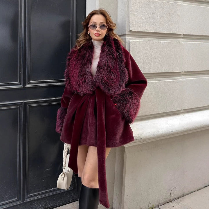 Women's Short Faux Fur Coat with Voluminous Shawl Collar, Waist Belt, and Fur Cuffs Amarae