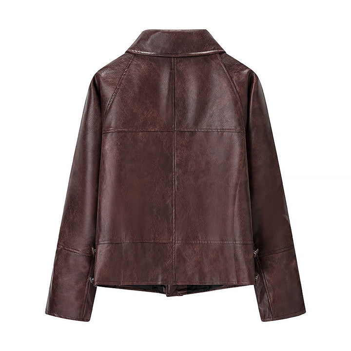 Fashionable synthetic leather jacket for women with structured seams and stylish flap pockets Lune London