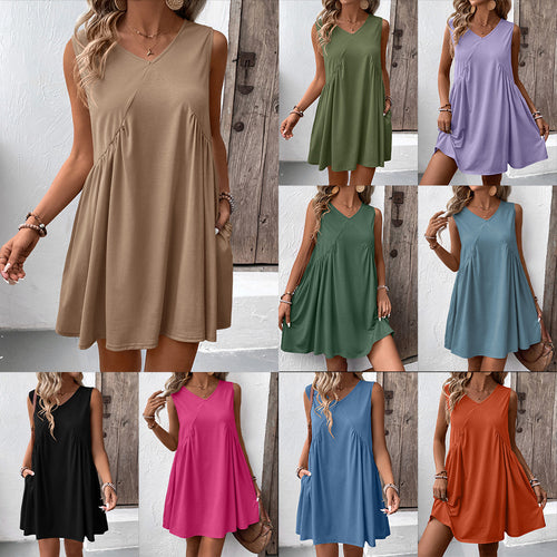 Women's fluid dress with V-neck, side pockets, and fluid cut Amarae