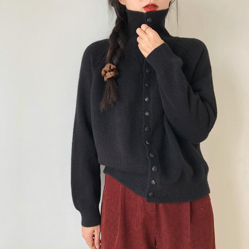 Women's knit jacket with modern turtleneck and button details Lune London