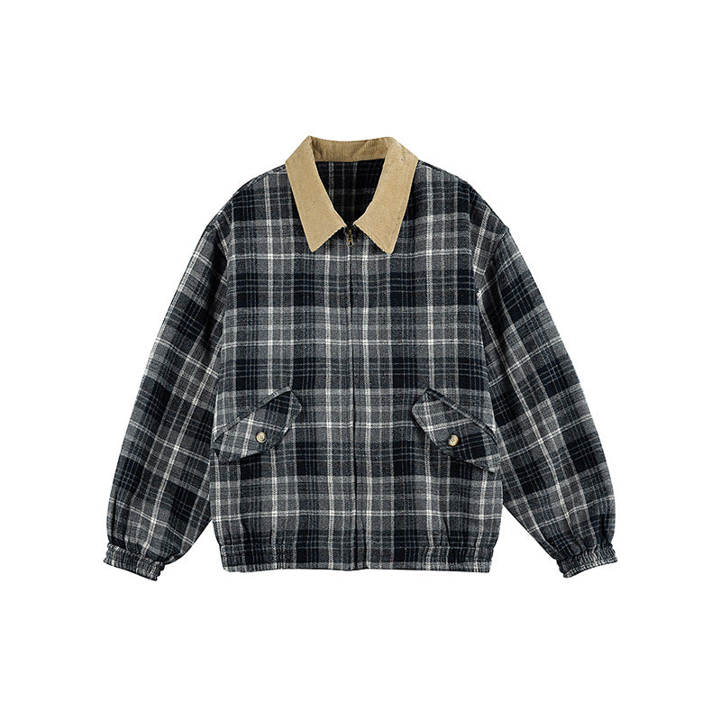 Unisex Checkered Boxy Over Shirt Jacket with Corduroy Collar, Concealed Zipper and Patch Flap Pockets Amarae