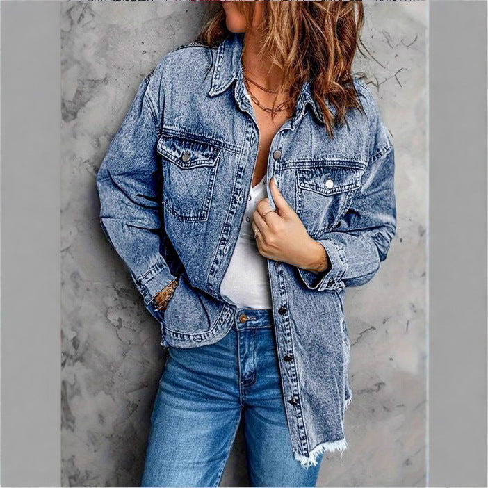 Women's Oversized Denim Jacket with Flap Pockets, Used Look and Raw Hem Amarae