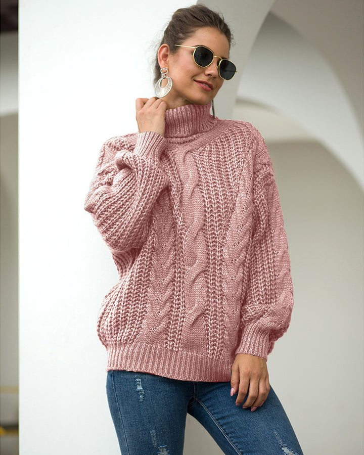 Ladies thick knit sweater with high collar and textured twisted pattern Lune London