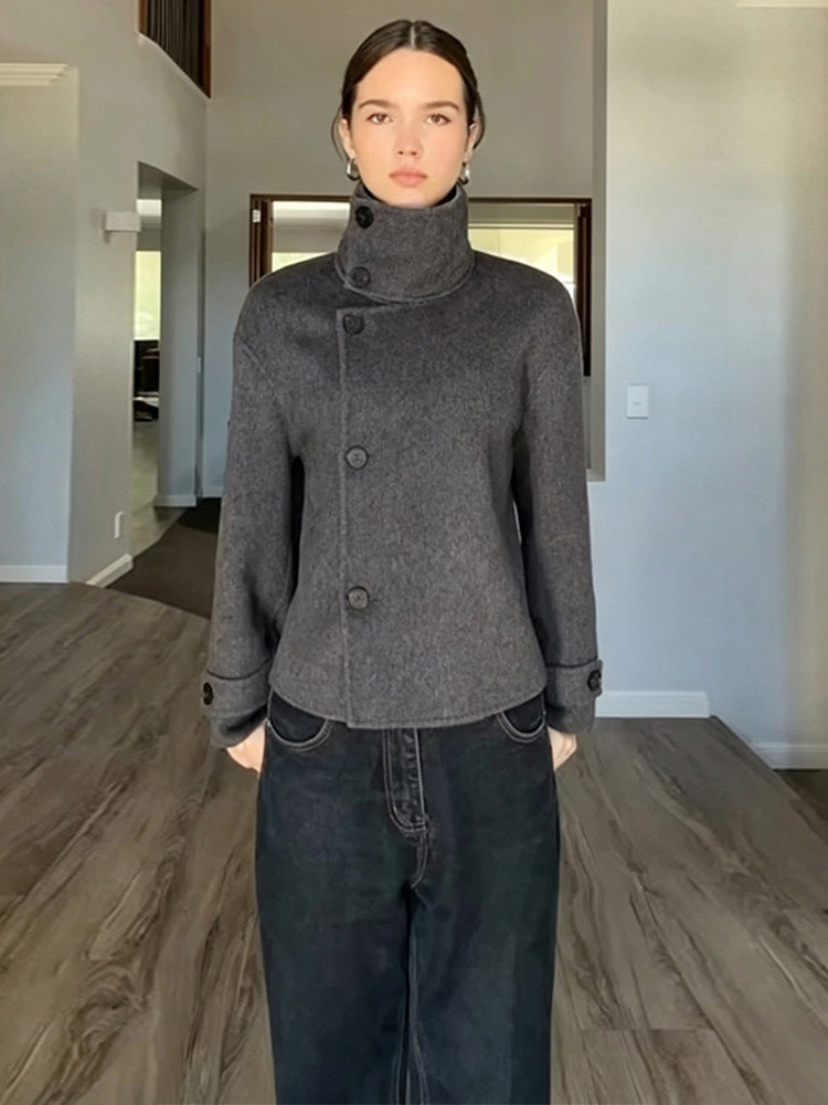 Women's Short Wool Blend Coat with Asymmetrical Button Placket and High Standing Collar Amarae
